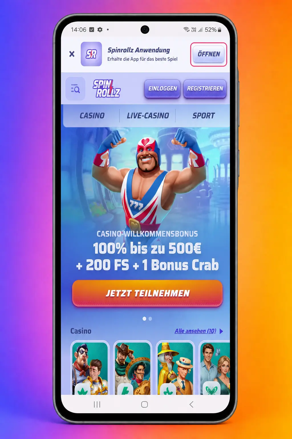 Spinrollz Android APK Installation mit Download, Einstellungen und App-Symbol auf Smartphone