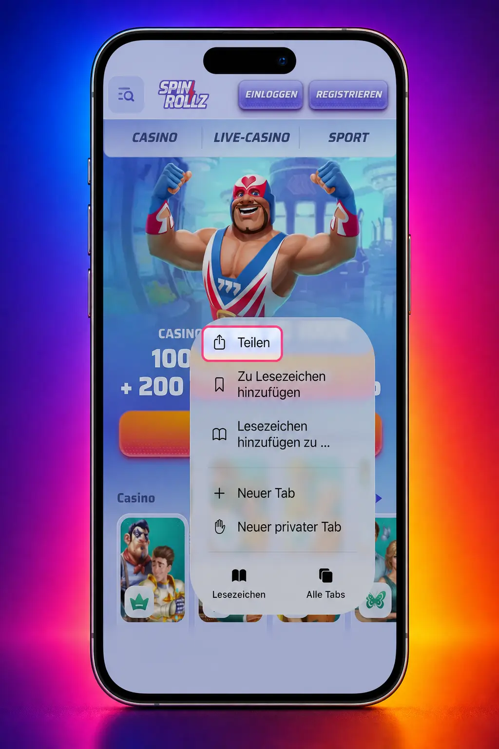 iPhone zeigt Schritte zur Installation der Spinrollz App für iOS mit Download, Anmeldung und Face ID