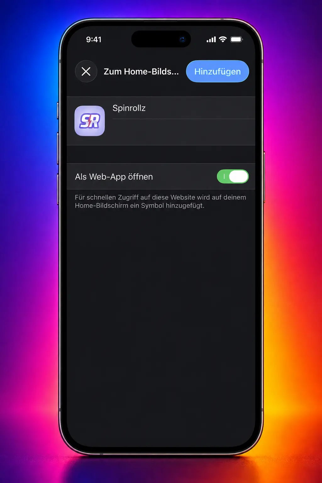 iPhone zeigt Schritte zur Installation der Spinrollz App für iOS mit Download, Anmeldung und Sicherheit