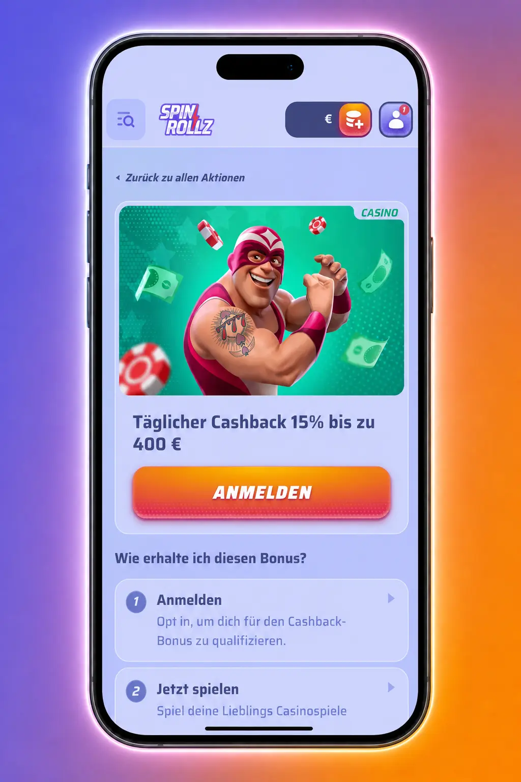 Spinrollz Bonusanzeige in Deutschland mit Codefeld, Einzahlung, Status und Registrierungsschritten