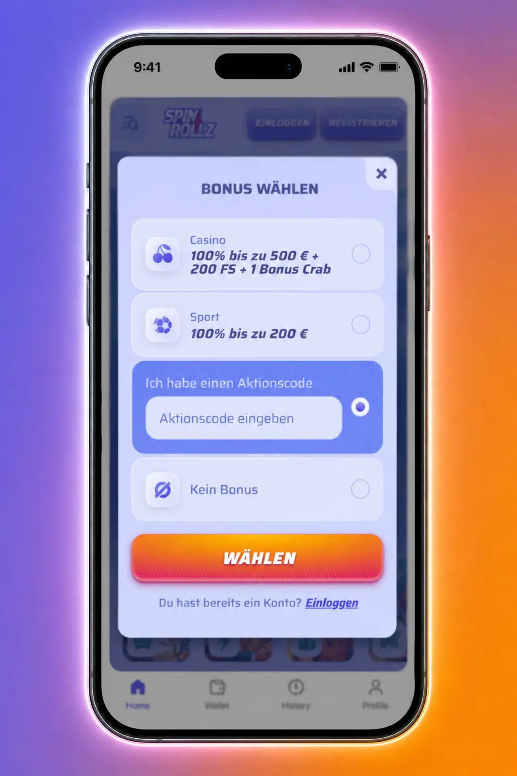 Spinrollz Bonusanzeige im Konto mit Codefeld, Einzahlung, Status und Registrierung in Deutschland