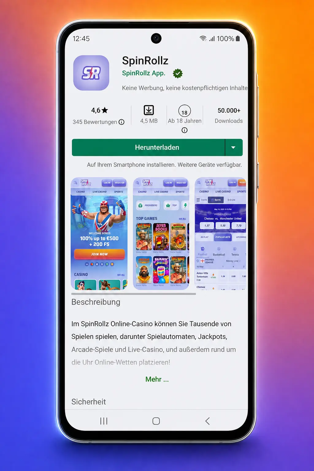 Anleitung zur Spinrollz Android APK Installation mit Download-Button und Einrichtungsschritten