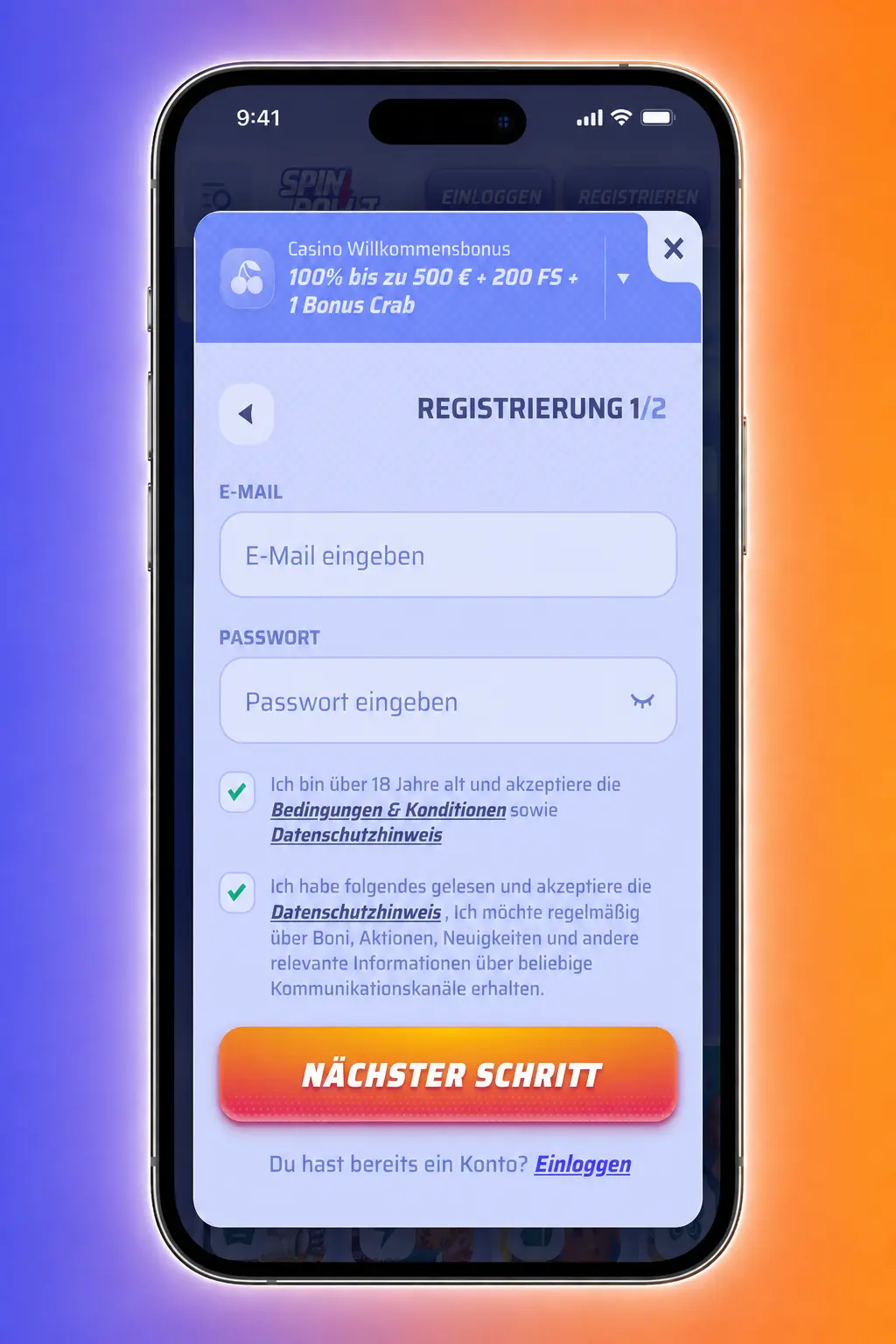 Anleitung zum Verwenden des Spinrollz Bonuscodes im Registrierungs- und Kassenbereich vor der Einzahlung