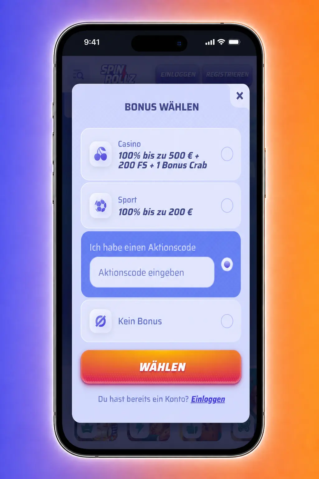 Spinrollz Bonuscode im Registrierungs- und Kassenbereich eingeben und Bonus vor Einzahlung prüfen