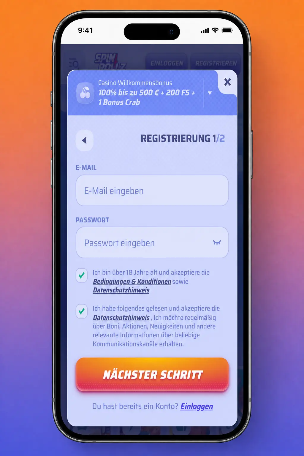 Spinrollz Promo-Code-Aktivierung in der mobilen App mit Codefeld, Bonusprüfung und EUR-Einzahlung