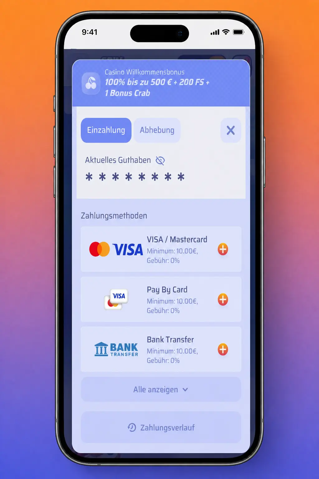 Mobile App zur Aktivierung des Spinrollz Promo Codes Deutschland im Kassenbereich vor der Einzahlung