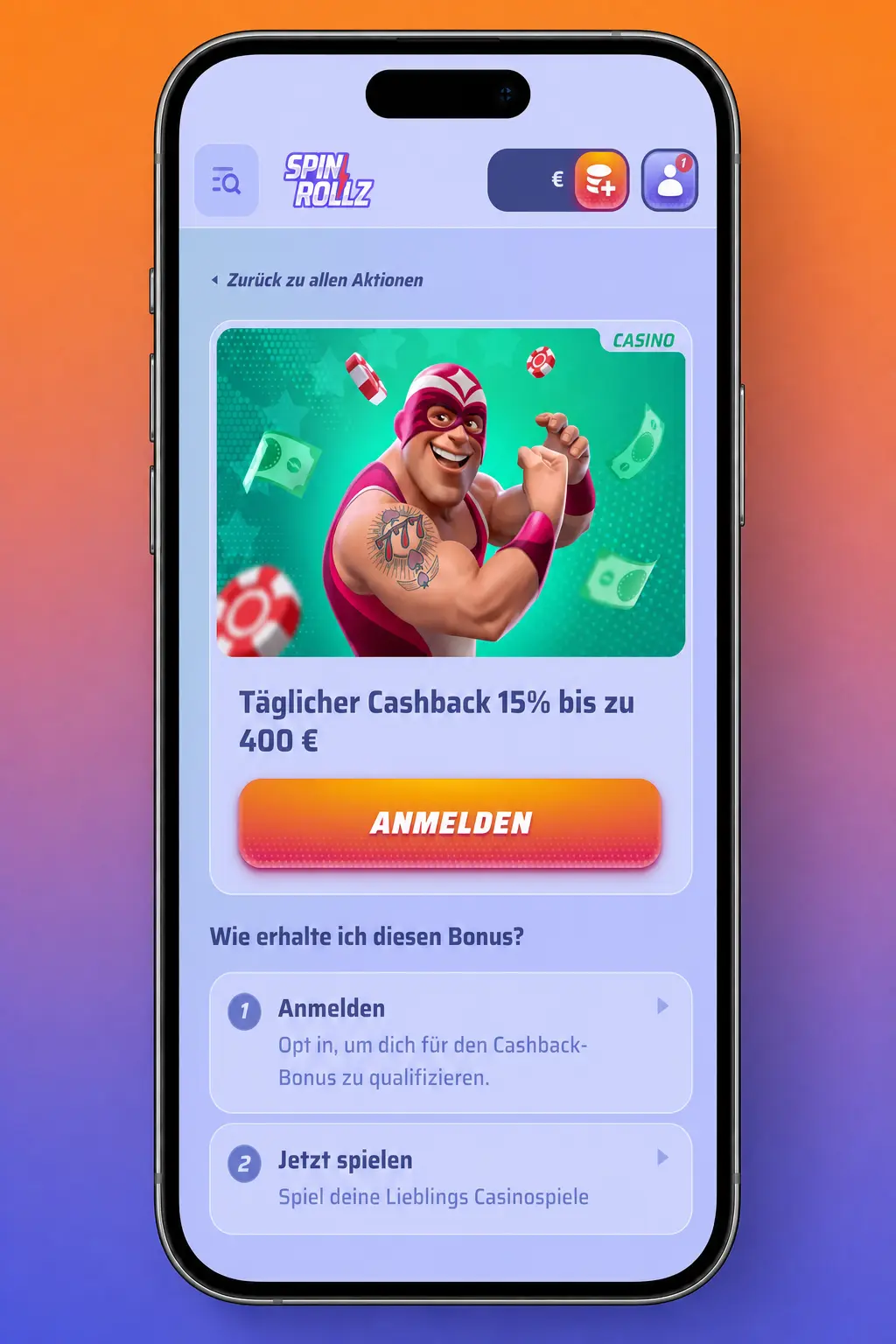 Screenshot der mobilen App zur Aktivierung des Spinrollz Promo-Codes vor der Einzahlung
