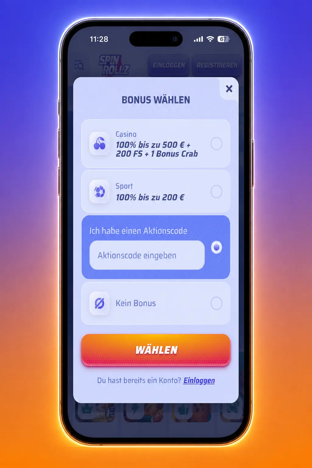 Spinrollz Promo Code in der mobilen App über Kasse und Einzahlung aktivieren
