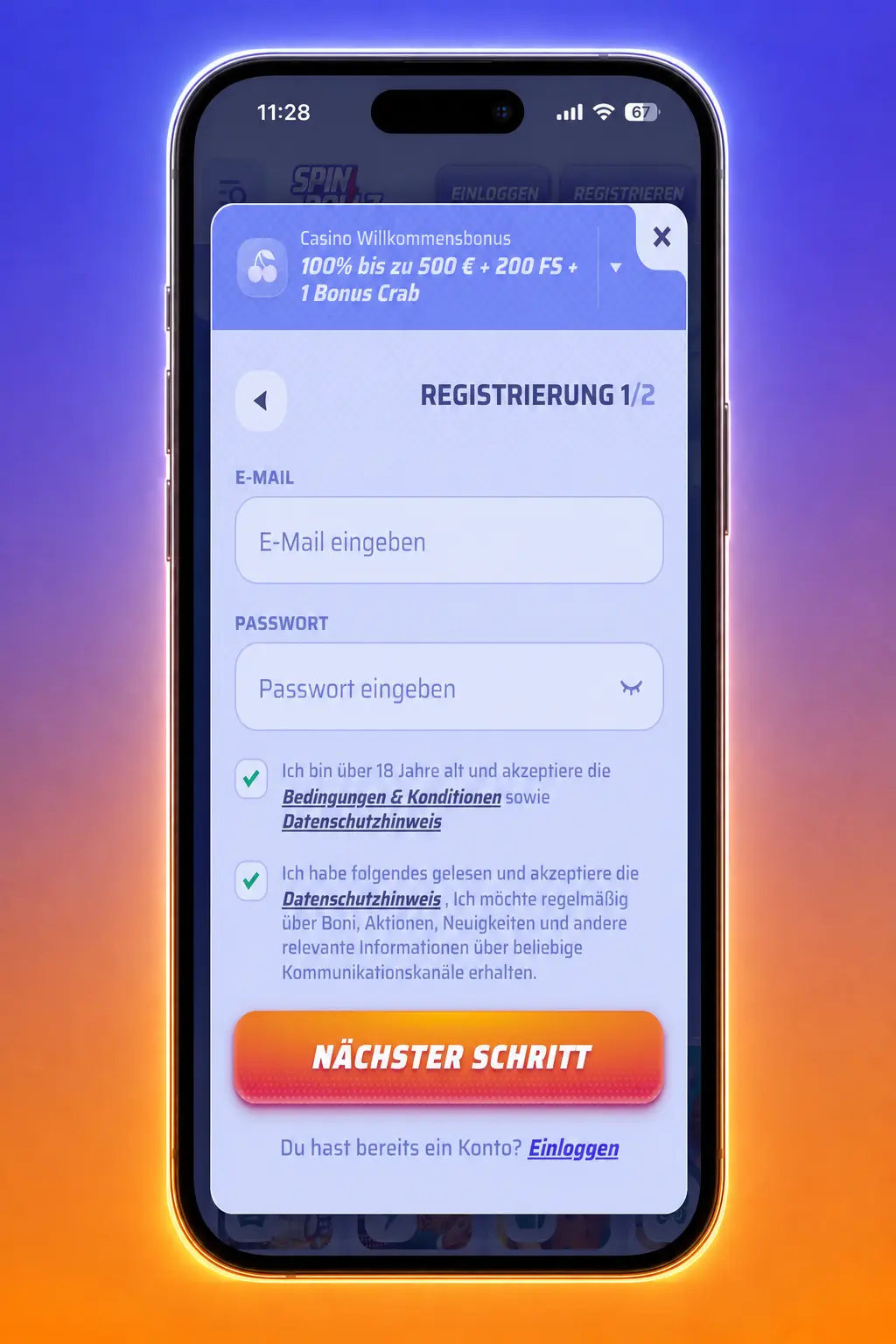 Spinrollz Promo Code in der mobilen App über Kasse und Promo-Feld aktivieren