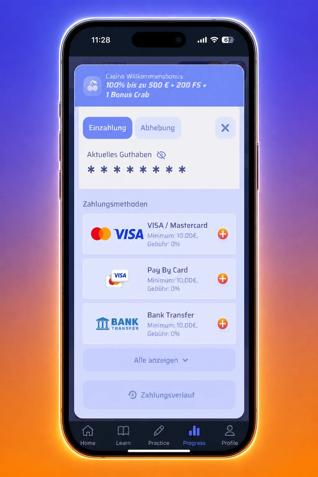 Spinrollz Promo Code in der mobilen App eingeben und Einzahlung über die Kasse aktivieren