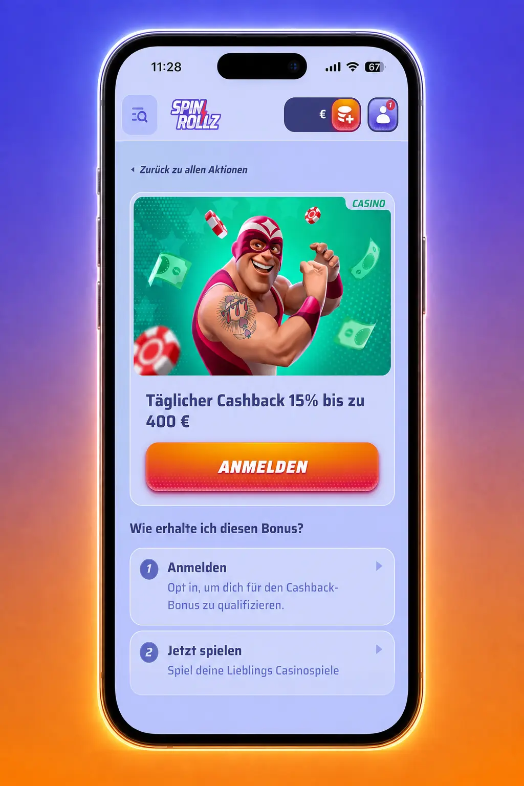 Spinrollz Promo Code in der mobilen App über Kasse und Einzahlung aktivieren