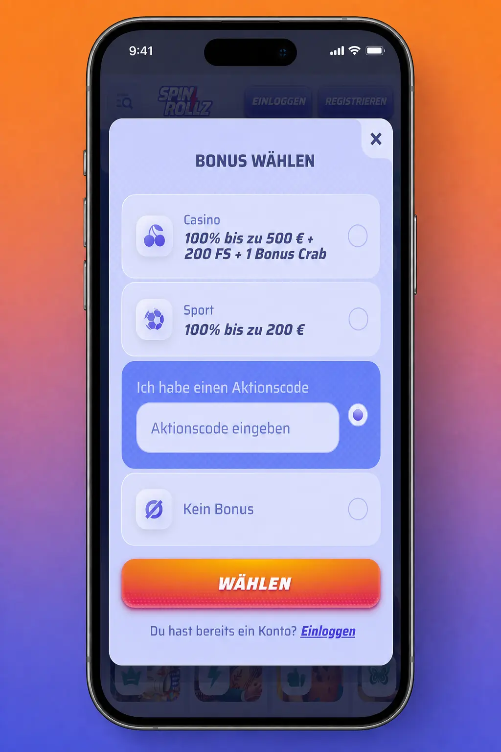 Mobile App zeigt Aktivierung des Spinrollz Promo Code Deutschland im Kassenbereich vor der Einzahlung