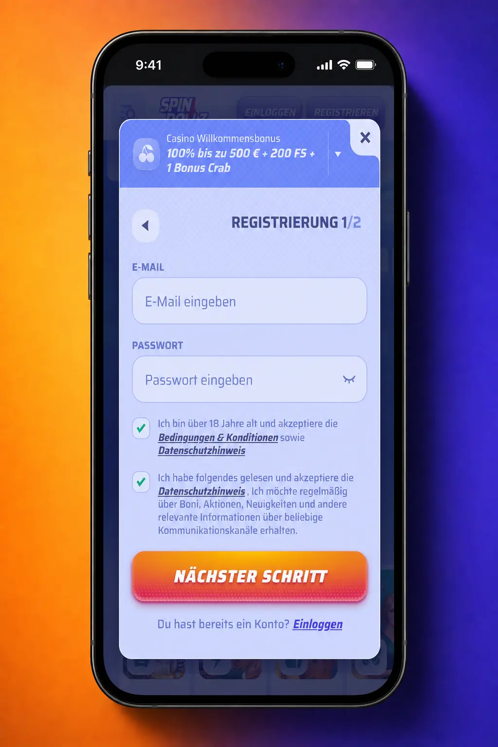 Schritt-für-Schritt-Anleitung zum Einlösen des Spinrollz Bonuscodes im Aktionscode-Feld bei der Einzahlung