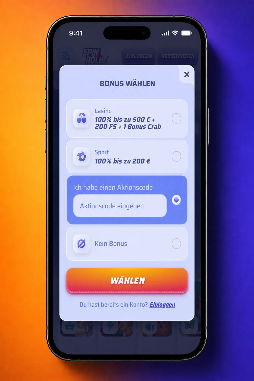 Anleitung zur Eingabe des Spinrollz Bonuscodes während der Einzahlung im Aktionscode-Feld